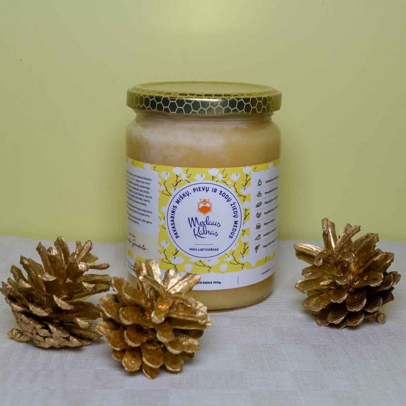 Poliflorinis medus 500 ml (suktas po pavasario augalų žydėjimo)