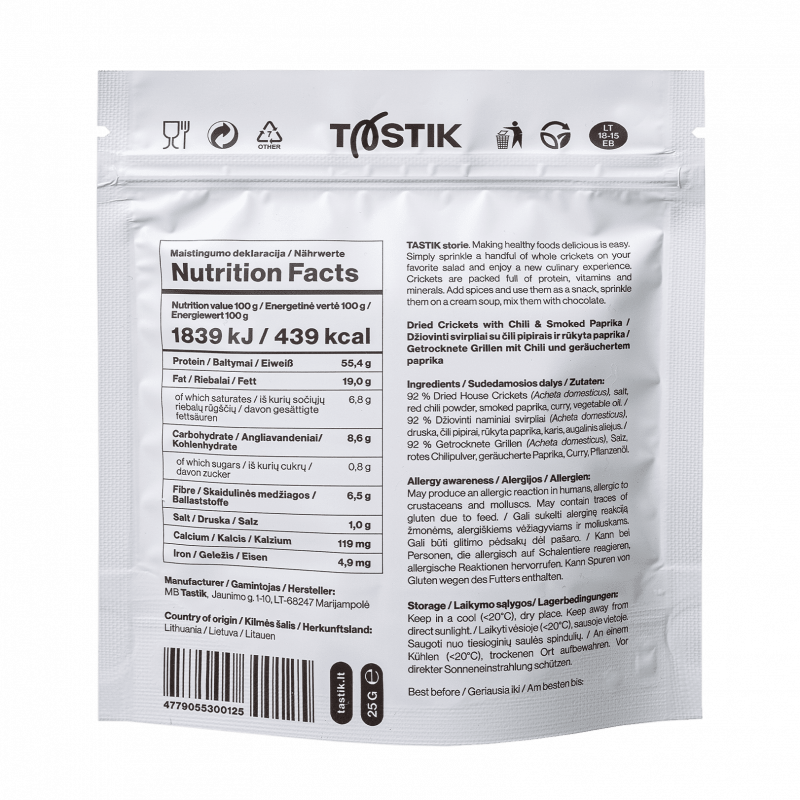 Džiovinti svirpliai (čili pipirais ir rūkyta paprika)