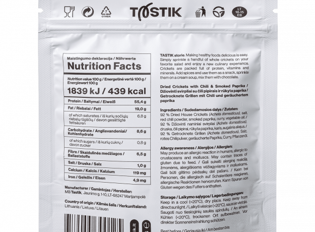 Džiovinti svirpliai (čili pipirais ir rūkyta paprika)