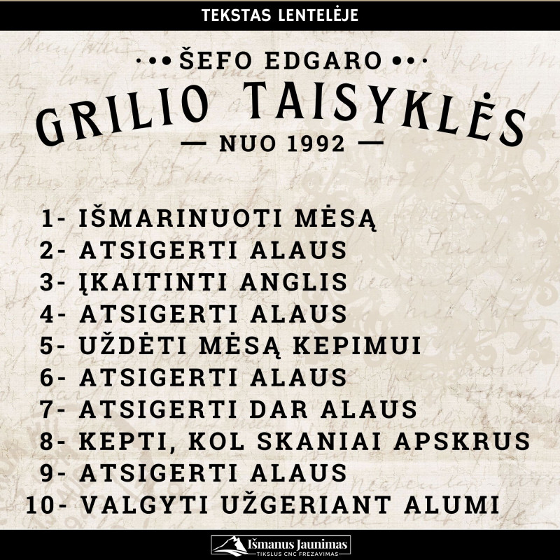 Personalizuota pjaustymo lentelė „Grilio taisyklės“