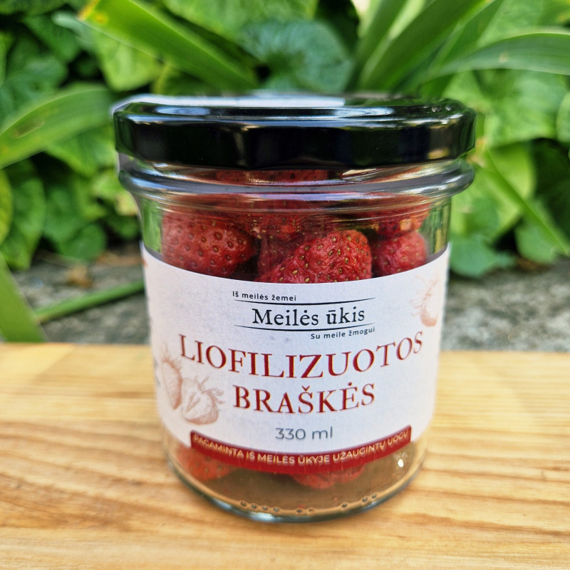 Liofilizuotos braškės, 330 ml stiklainėlyje