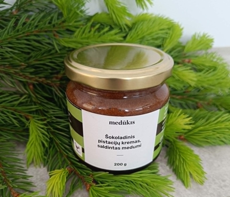 Šokoladinis pistacijų kremas, saldintas medumi