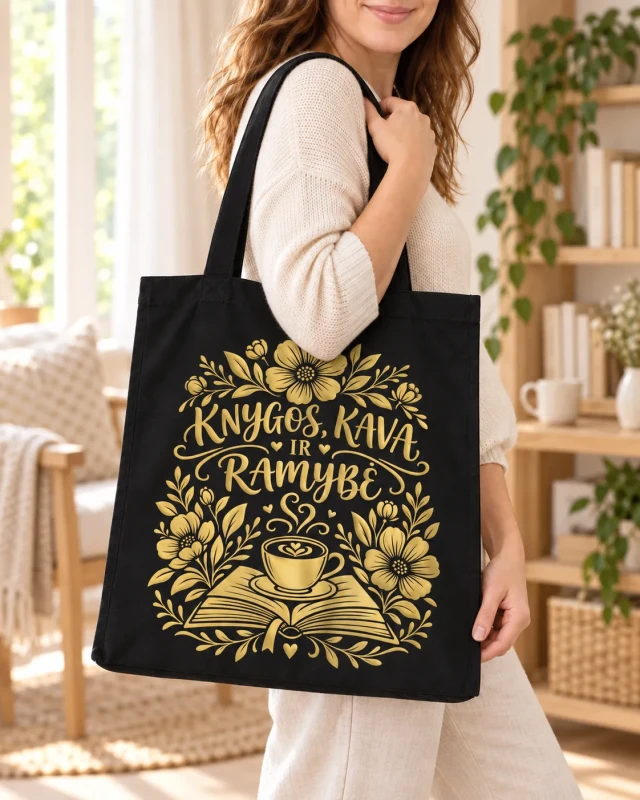 Medvilninis krepšys „Knygos, kava ir ramybė“