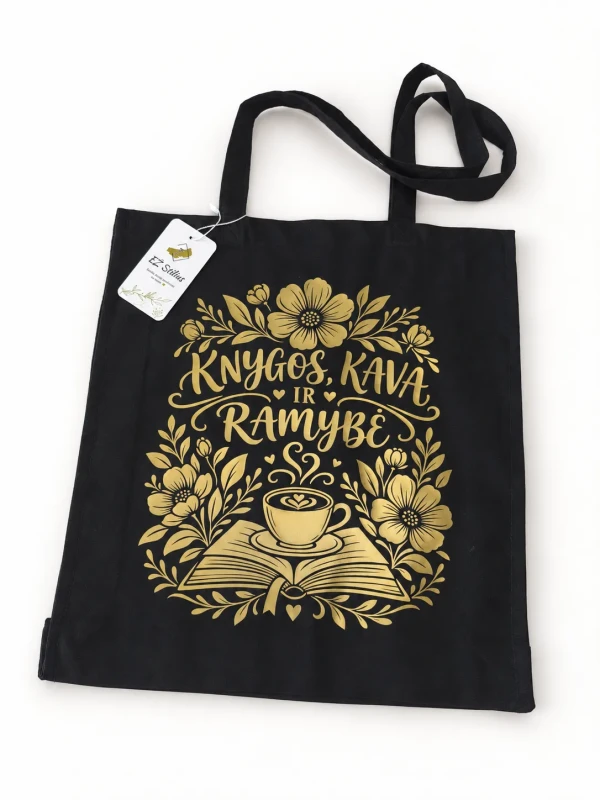 Medvilninis krepšys „Knygos, kava ir ramybė“