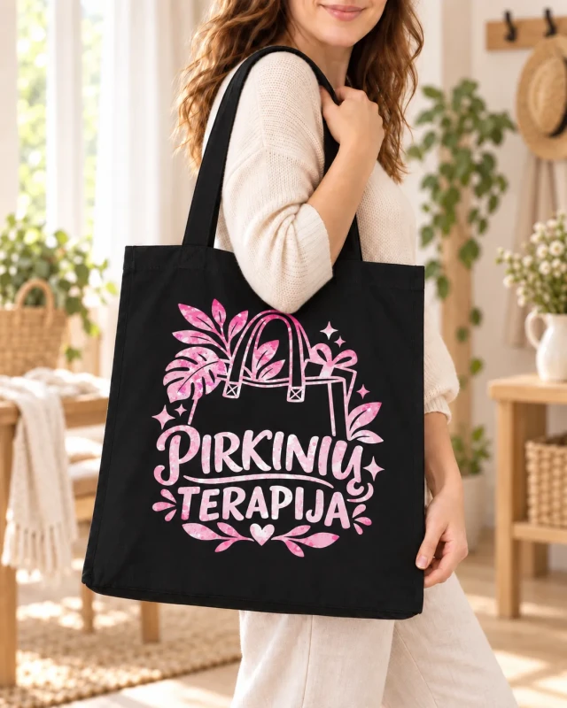 Medvilninis pirkinių krepšys „Pirkinių terapija“